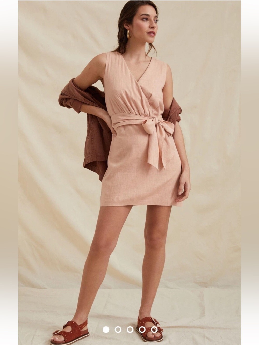 Anthropologie Sunday in Brooklyn Faux Wrap Sleeveless Linen Mini Dress M Peach